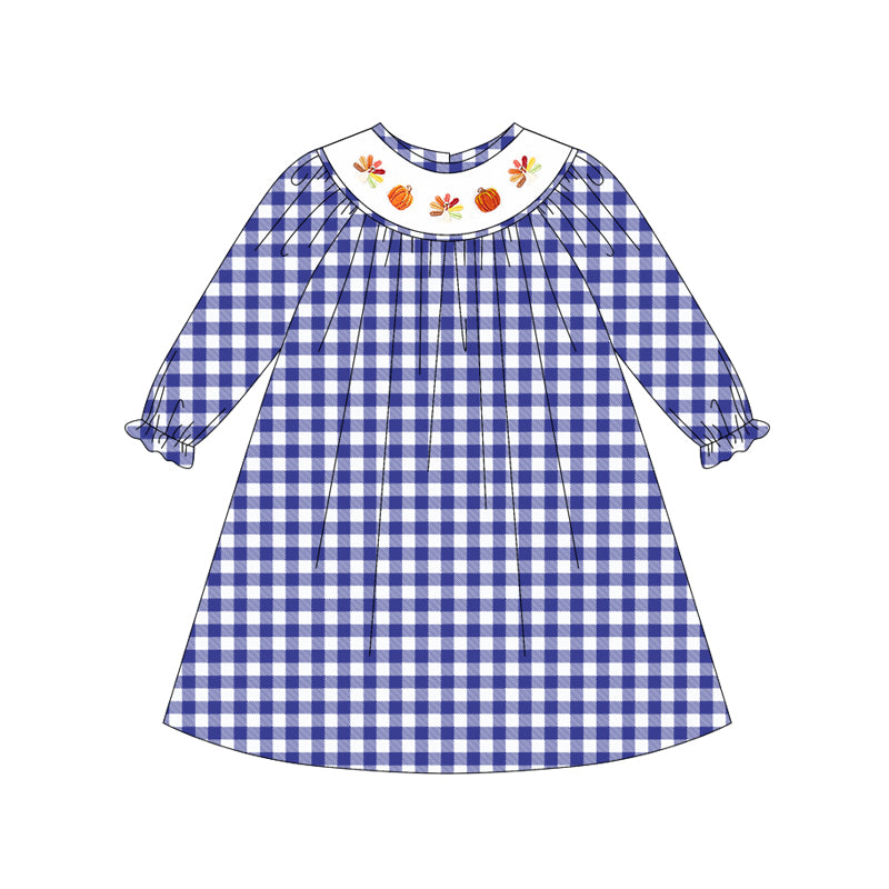 (Pre-order)GLD1041 Turkey Pumpkin Blue Plaid Print Girls Thanksgiving Knee Length Dress