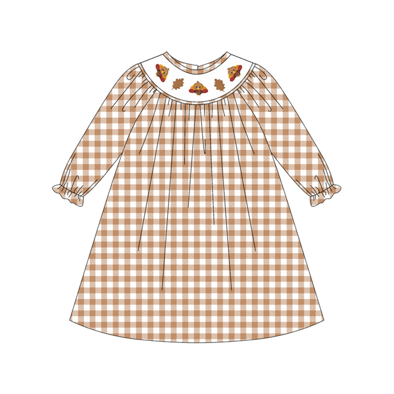 (Pre-order)GLD1042 Turkey Brown Plaid Print Girls Thanksgiving Knee Length Dress