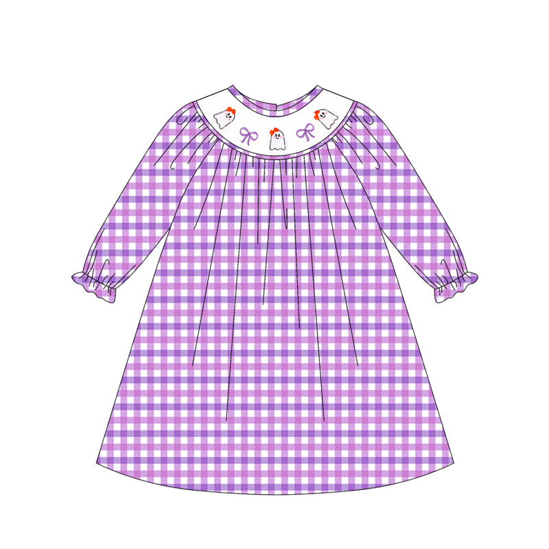 (Pre-order)GLD1043 Ghost Bows Purple Plaid Print Girls Halloween Knee Length Dress