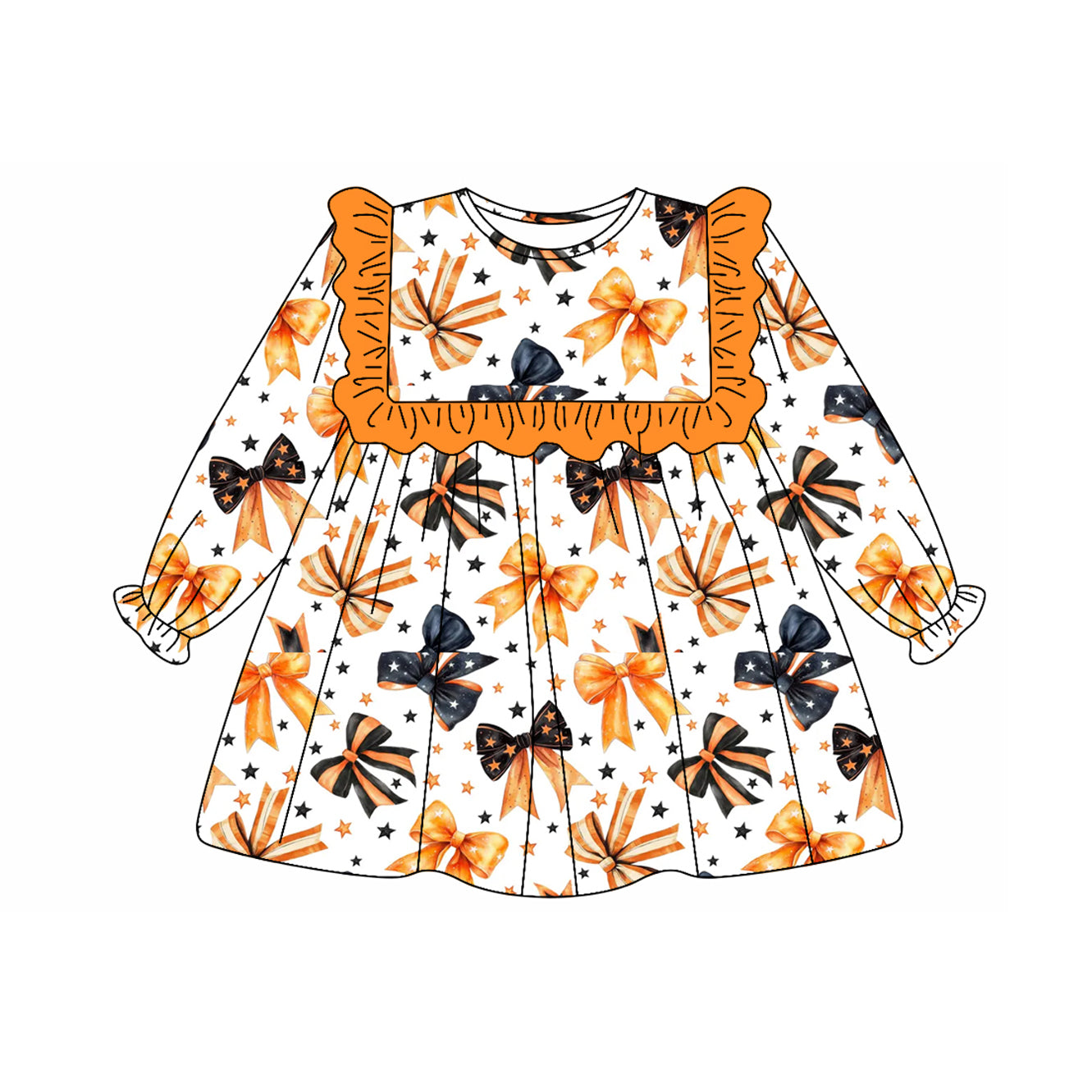 (Pre-order)GLD1044 Black Orange Bows Print Girls Halloween Knee Length Dress