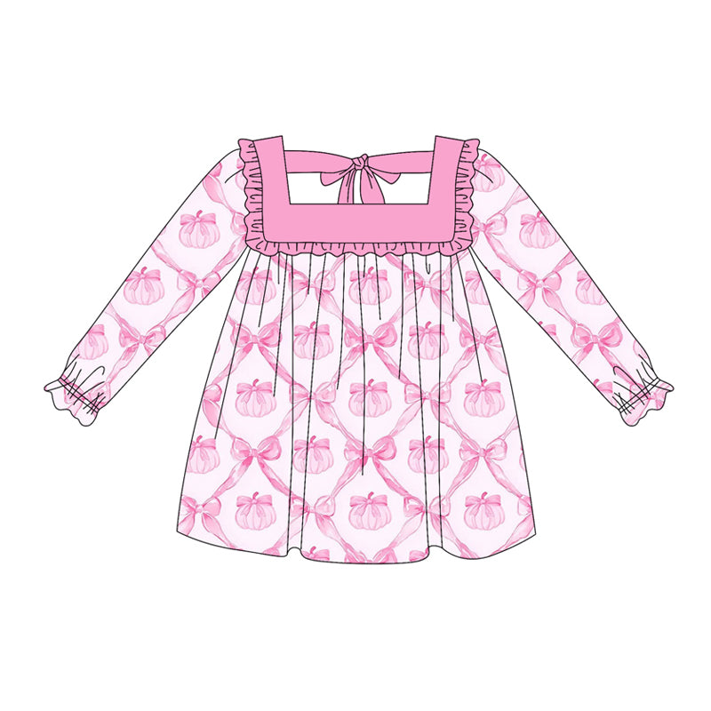 (Pre-order)GLD1052 Pumpkin Pink Bows Print Girls Fall Knee Length Dress