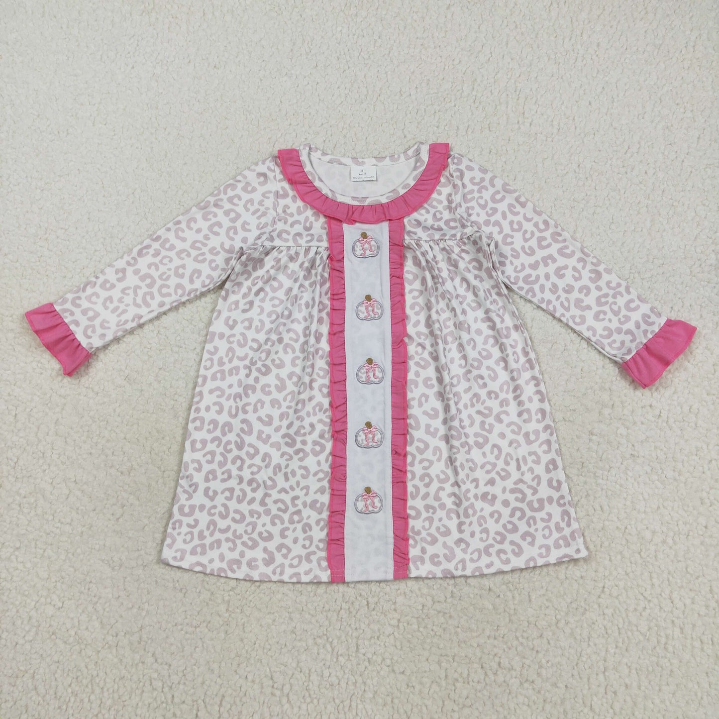 GLD1054 Pumpkin Embroidery Leopard Print Girls Fall Knee Length Dress