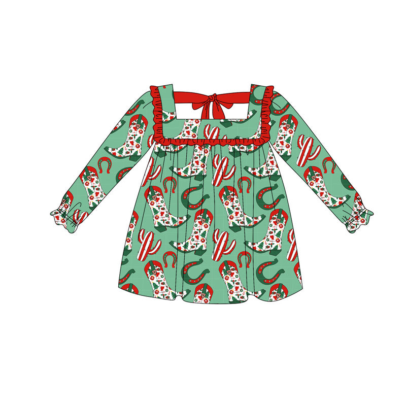(Pre-order)GLD1056 Boots Holly Print Girls Western Christmas Knee Length Dress