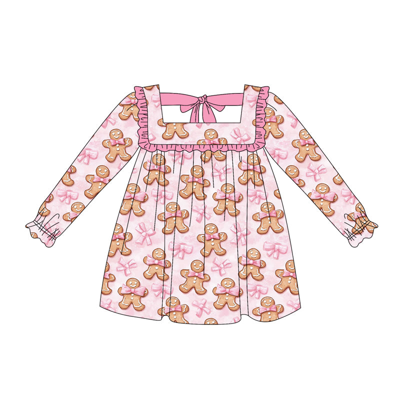 (Pre-order)GLD1060 Gingerbread Bows Pink Print Girls Christmas Knee Length Dress