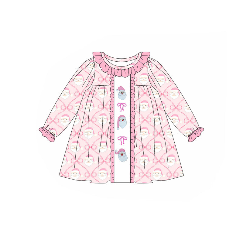 (Pre-order)GLD1061 Santa Bows Pink Print Girls Christmas Knee Length Dress