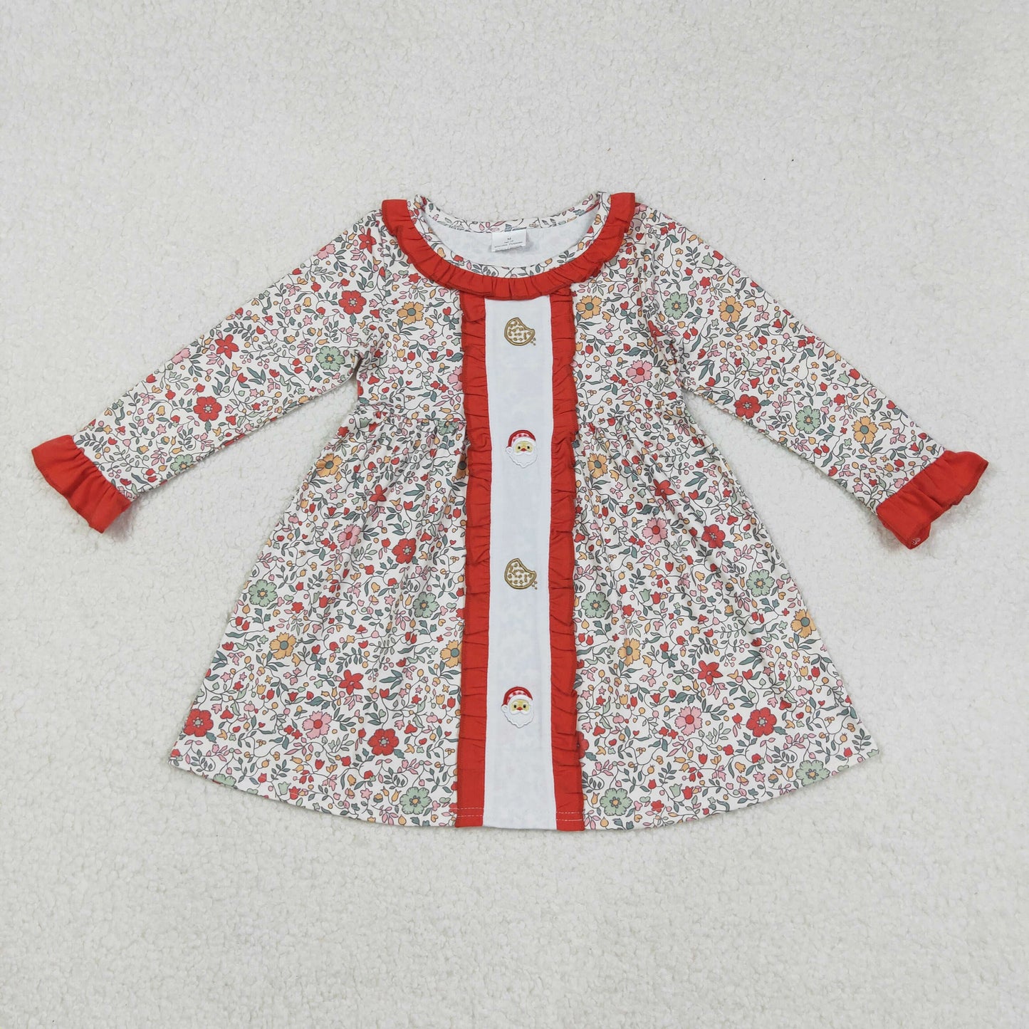 Santa Cookie Embroidery Flowers Print Girls Christmas Clothes Sisters Matching Wear