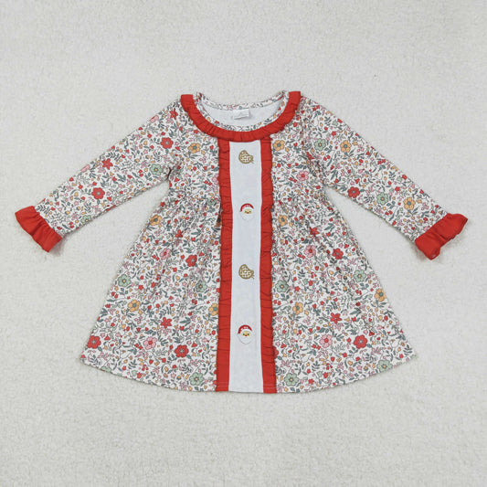 GLD1062 Santa Cookie Embroidery Flowers Print Girls Christmas Knee Length Dress