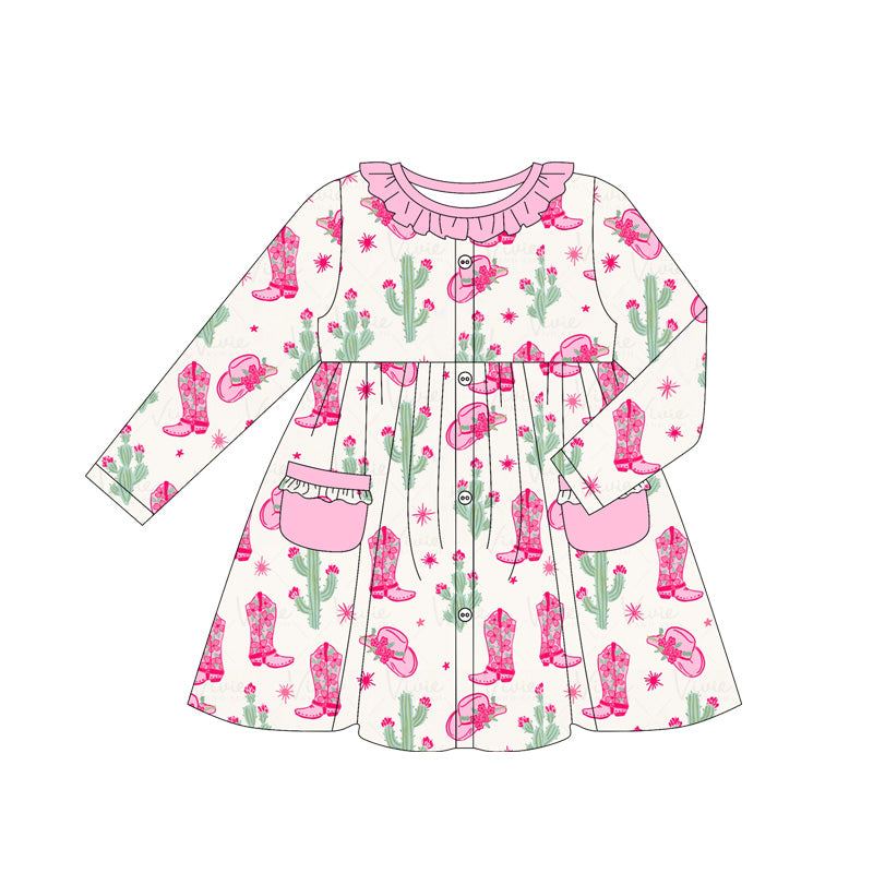 (Pre-order)GLD1063 Boots Cactus Pink Print Girls Western Knee Length Dress
