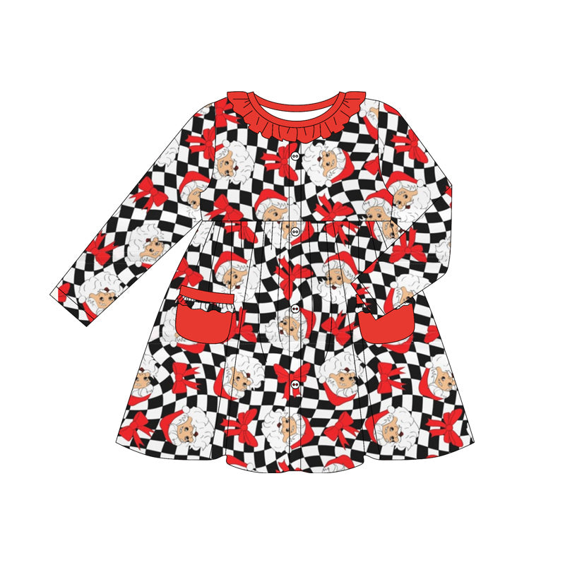 (Pre-order)GLD1064 Santa Plaid Print Girls Christmas Knee Length Dress