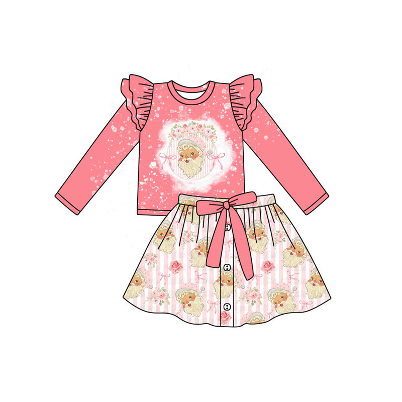 (Pre-order)GLD1067 Santa Top Flowers Bows Skirts Girls Christmas Clothes Set