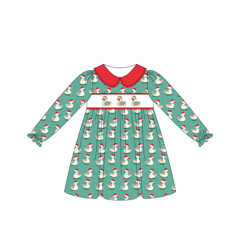 (Pre-order)GLD1074 Duck Print Girls Christmas Knee Length Dress