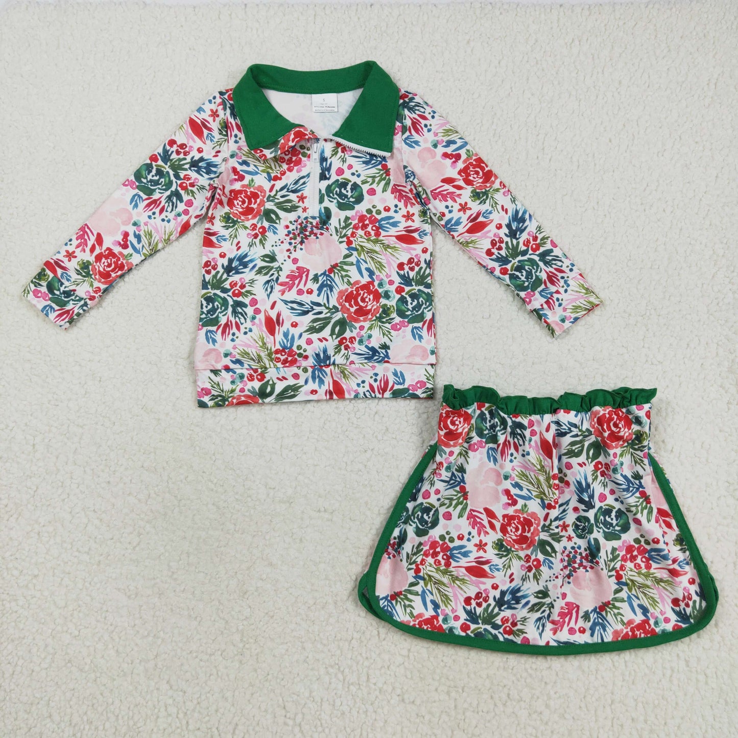 GLD1075 Red Green Flowers Print Zipper Top Skirts Girls Christmas Clothes Set