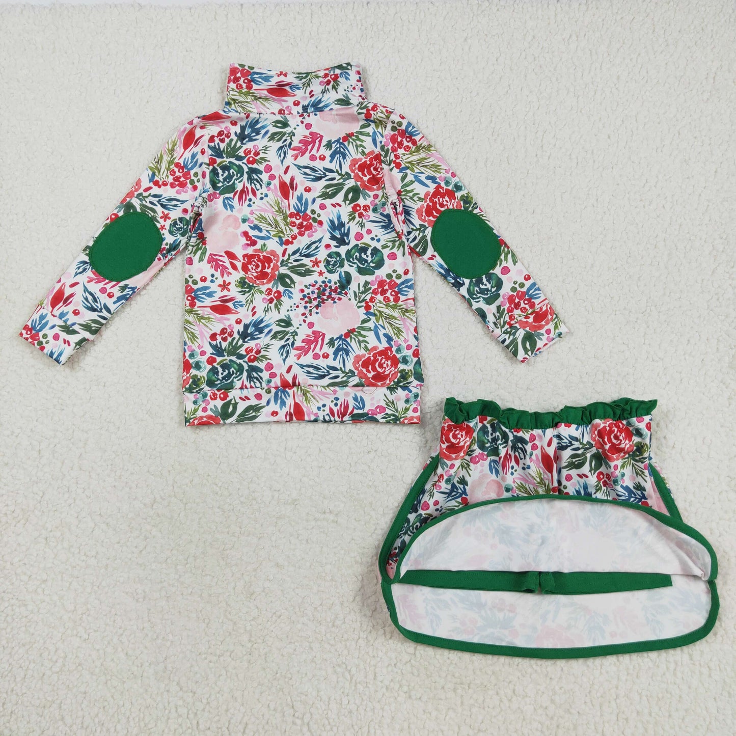 GLD1075 Red Green Flowers Print Zipper Top Skirts Girls Christmas Clothes Set