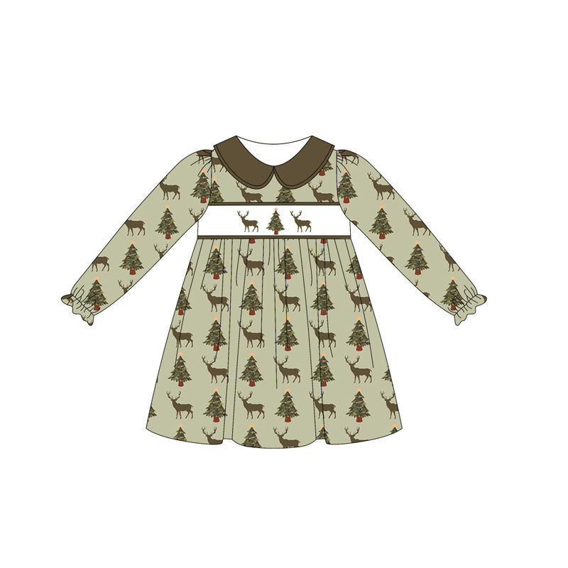 (Pre-order)GLD1081 Deer Tree Camo Print Girls Christmas Knee Length Dress