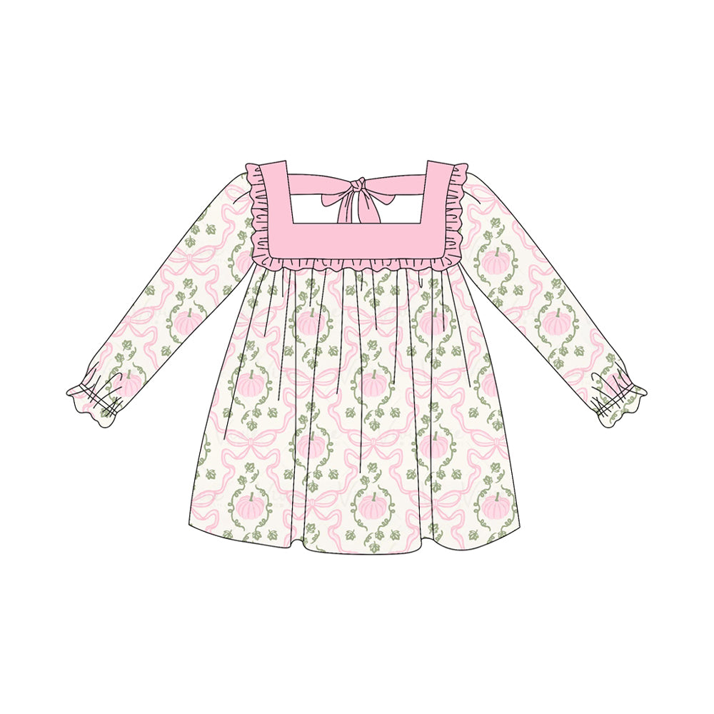 (Pre-order)GLD1083 Pumpkin Bows Pink Print Girls Fall Knee Length Dress
