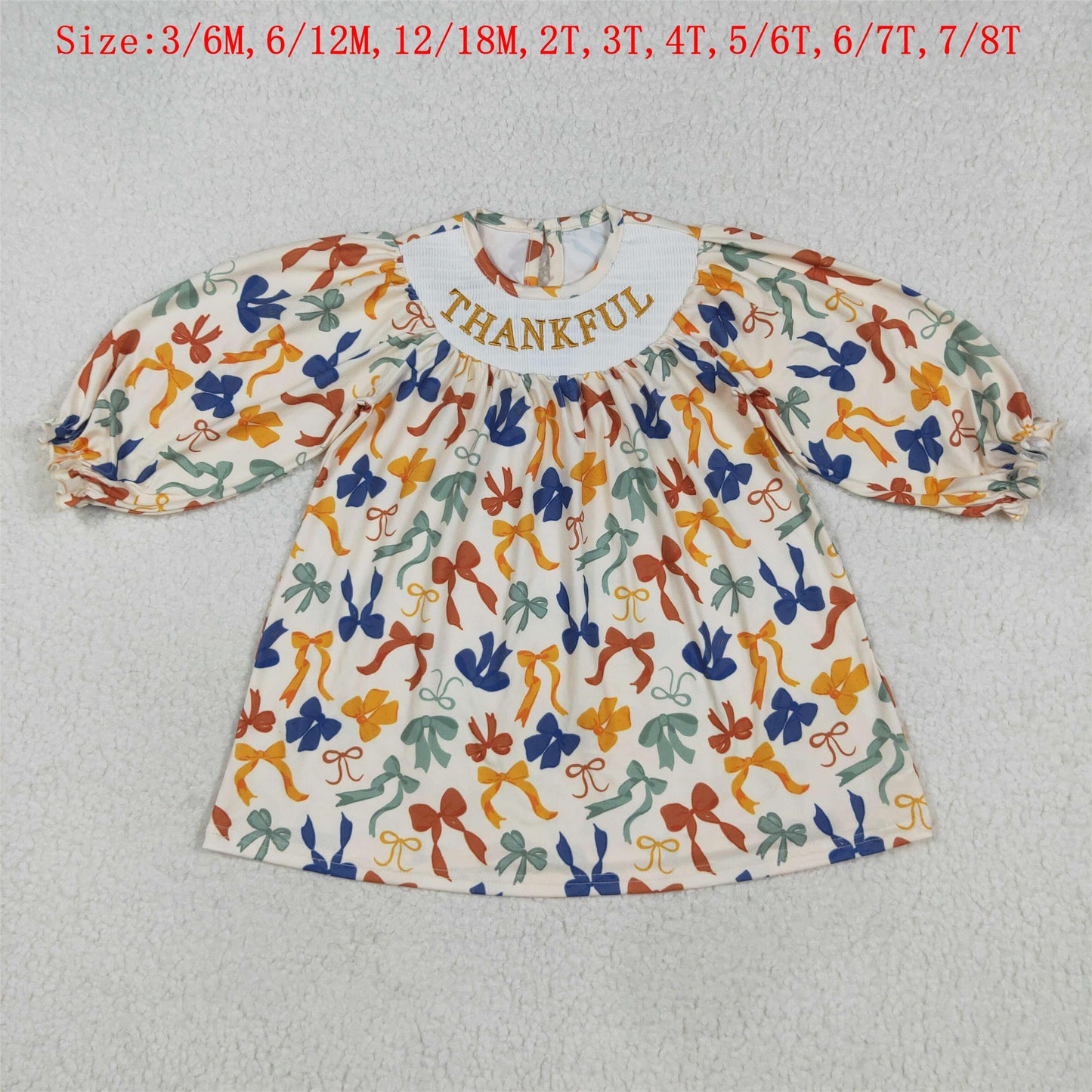 GLD1086 Thankful Embroidery Colorful Bows Girls Thanksgiving Smocked Knee Length Dress