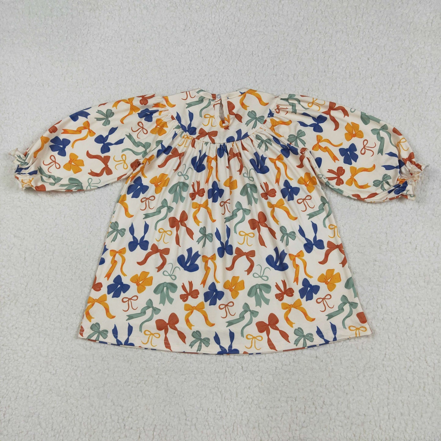 GLD1086 Thankful Embroidery Colorful Bows Girls Thanksgiving Smocked Knee Length Dress