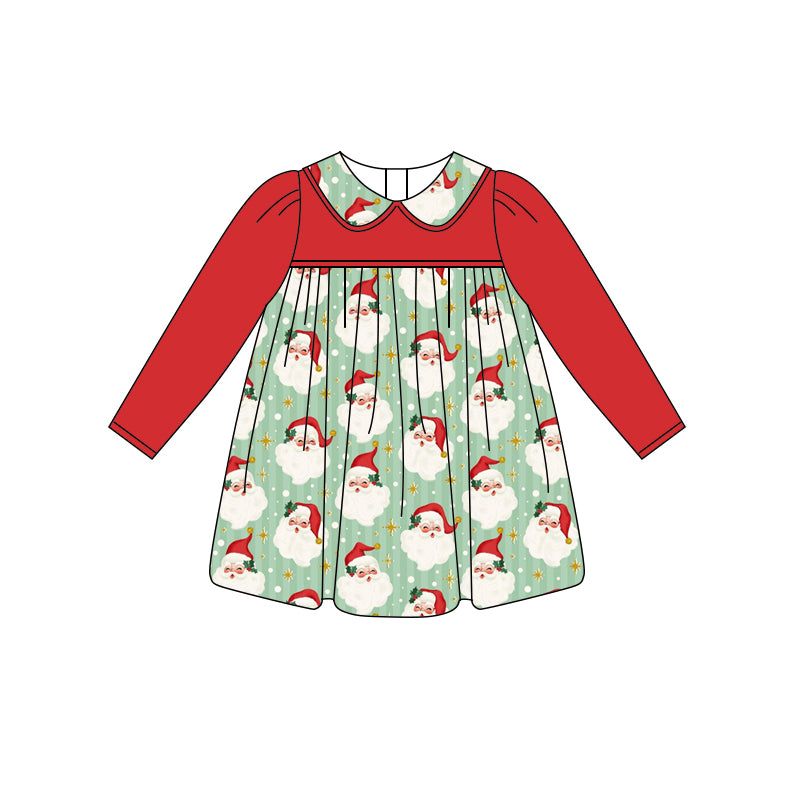 (Pre-order)GLD1091 Santa Print Girls Christmas Knee Length Dress