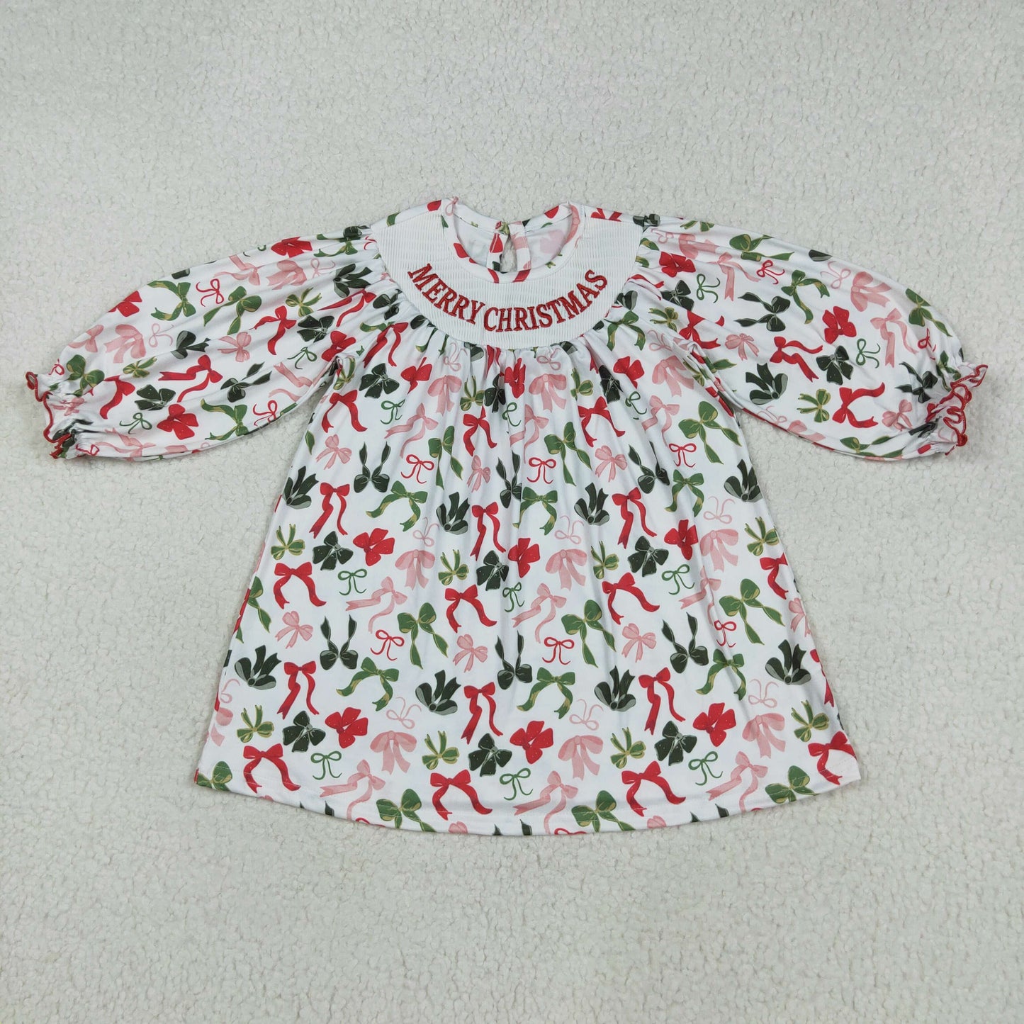 MERRY CHRISTMAS Embroidery Red Green Bows Sisters Smocked Matching Clothes