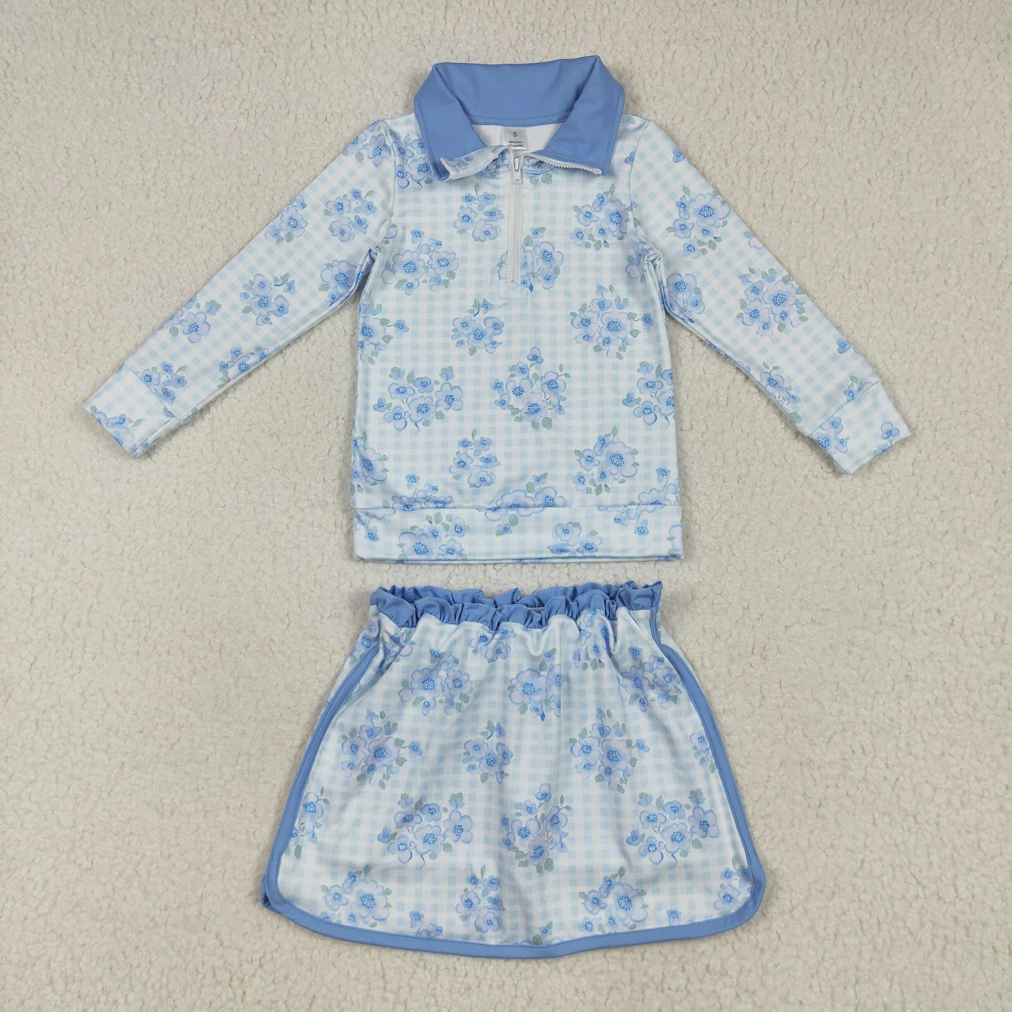 GLD1097 Blue Flowers Plaid Zipper Pullover Top Skirts Shorts Girls Yoga Clothes Set