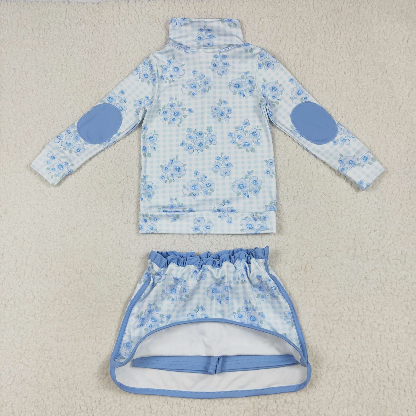 GLD1097 Blue Flowers Plaid Zipper Pullover Top Skirts Shorts Girls Yoga Clothes Set