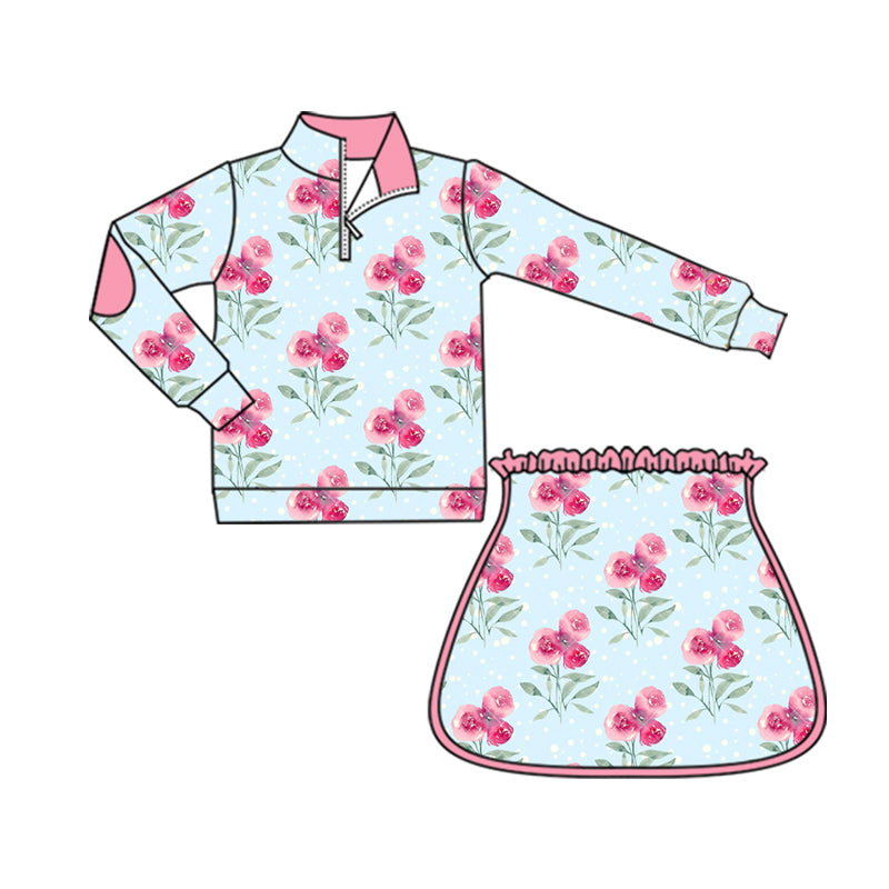 (Pre-order)GLD1099 Pink Flowers Blue Zipper Top Skirts Girls Yoga Clothes Set