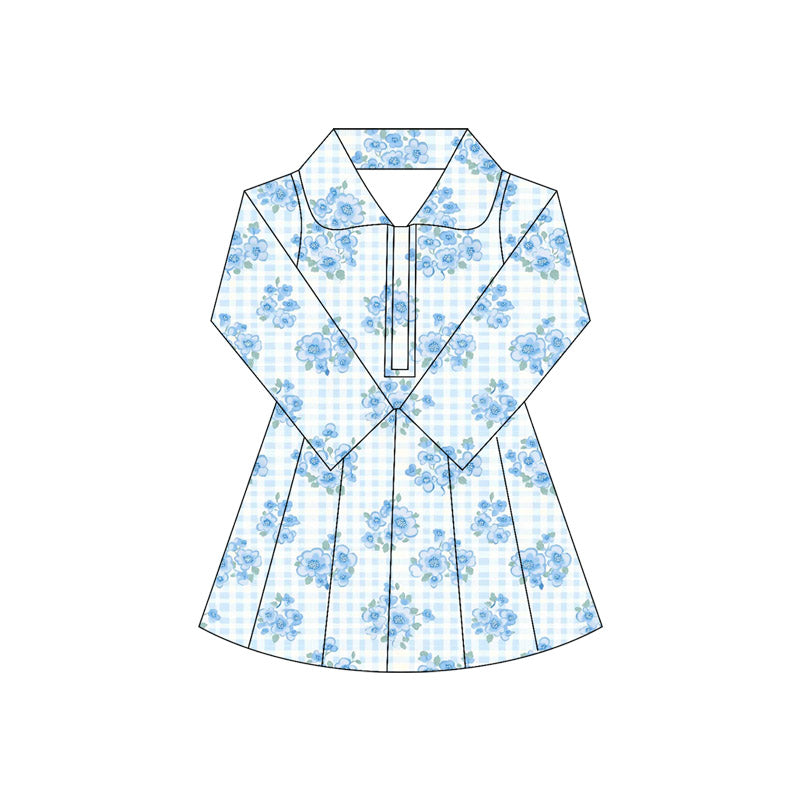 (Pre-order)GLD1103 Blue Flowers Plaid Girls Long Sleeve Knee Length Yoga Dress