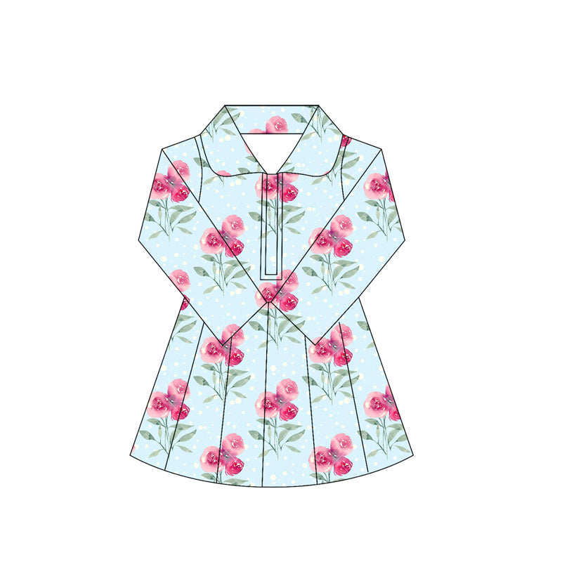 (Pre-order)GLD1105 Pink Flowers Blue Girls Long Sleeve Knee Length Yoga Dress