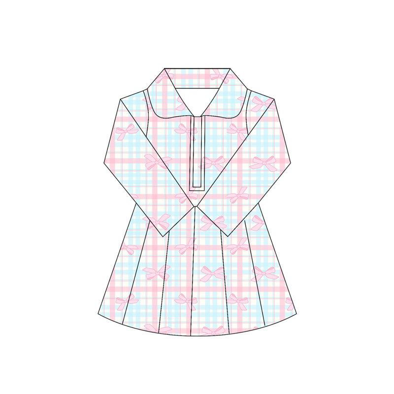 (Pre-order)GLD1106 Pink Bows Plaid Girls Long Sleeve Knee Length Yoga Dress
