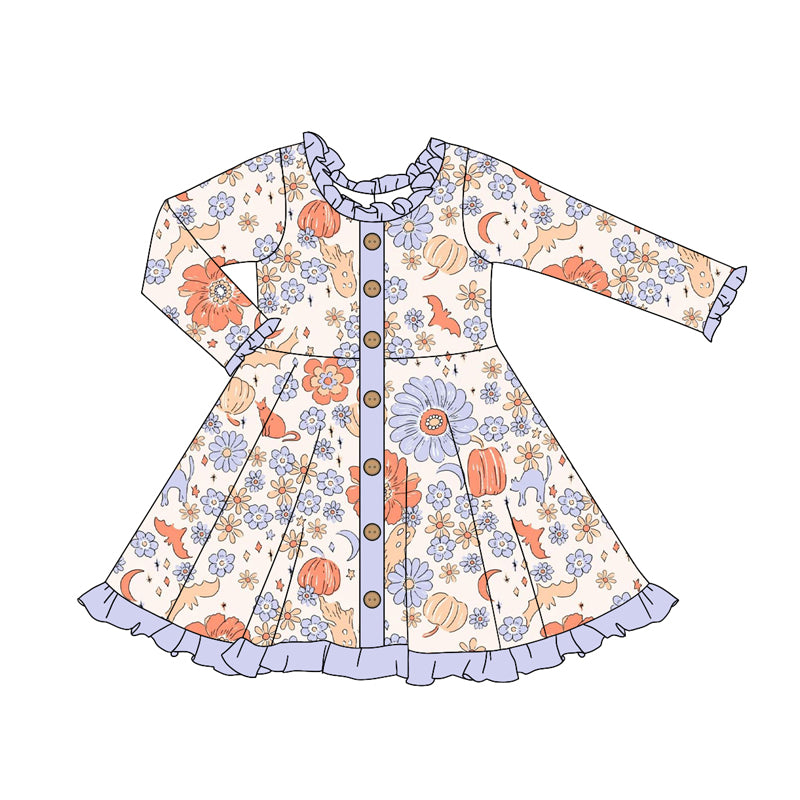 (Pre-order)GLD1107 Pumpkin Flowers Print Girls Halloween Knee Length Dress
