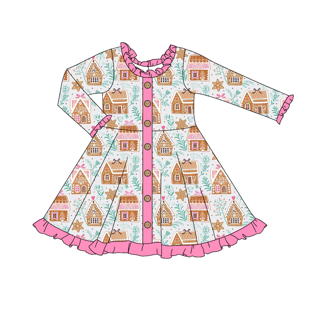 (Pre-order)GLD1108 Candy House Print Girls Christmas Knee Length Dress