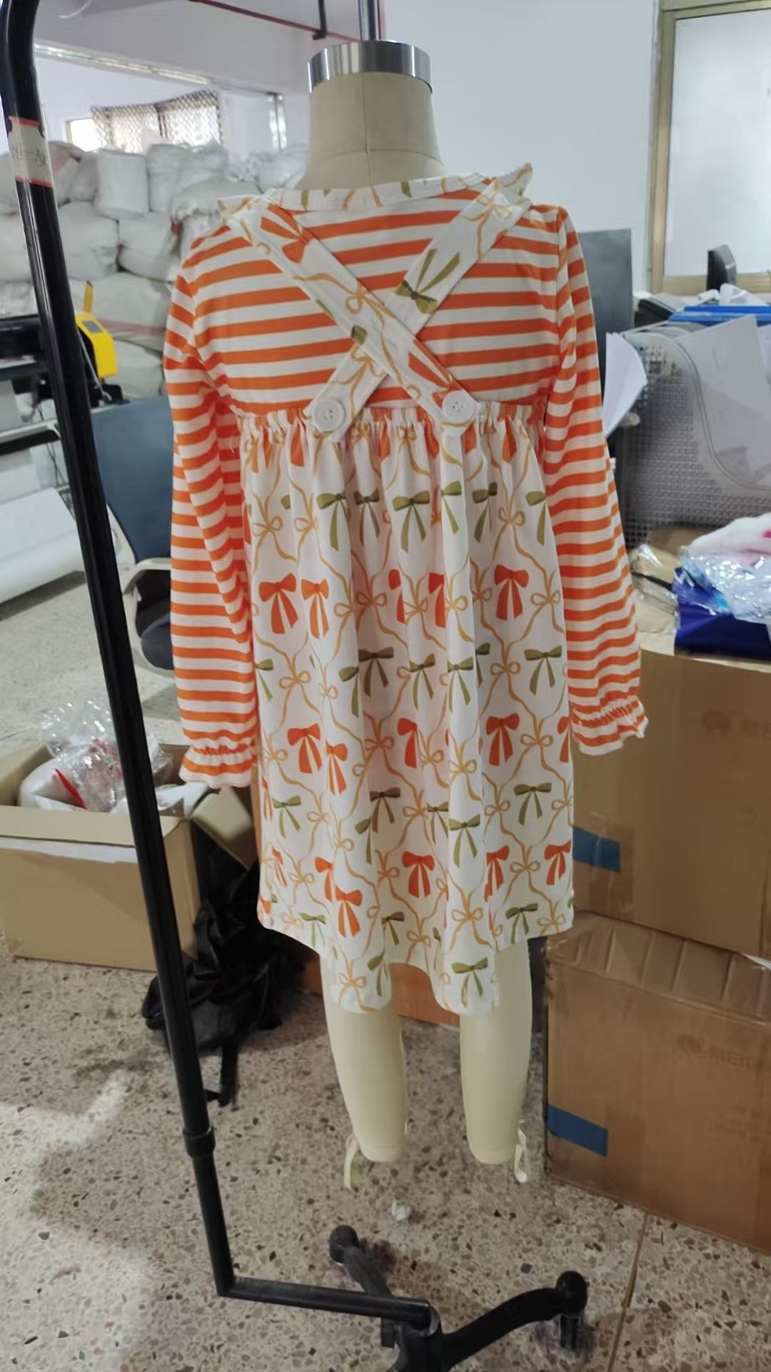GLD1110 Orange Stripes Top Bows Pockets Dress Girls Fall Outfits