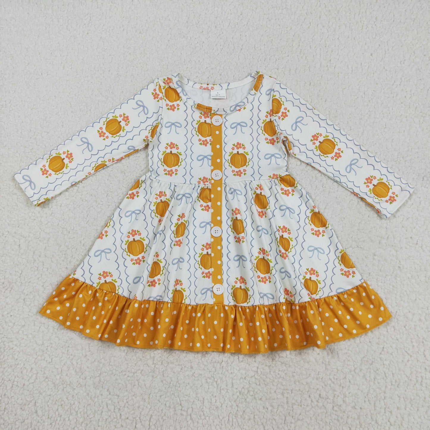 GLD1111 Pumpkin Flowers Bows Print Girls Fall Knee Length Dress