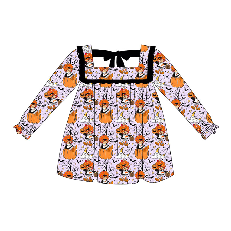 (Pre-order)GLD1116 Pumpkin Girl Bat Print Girls Halloween Knee Length Dress