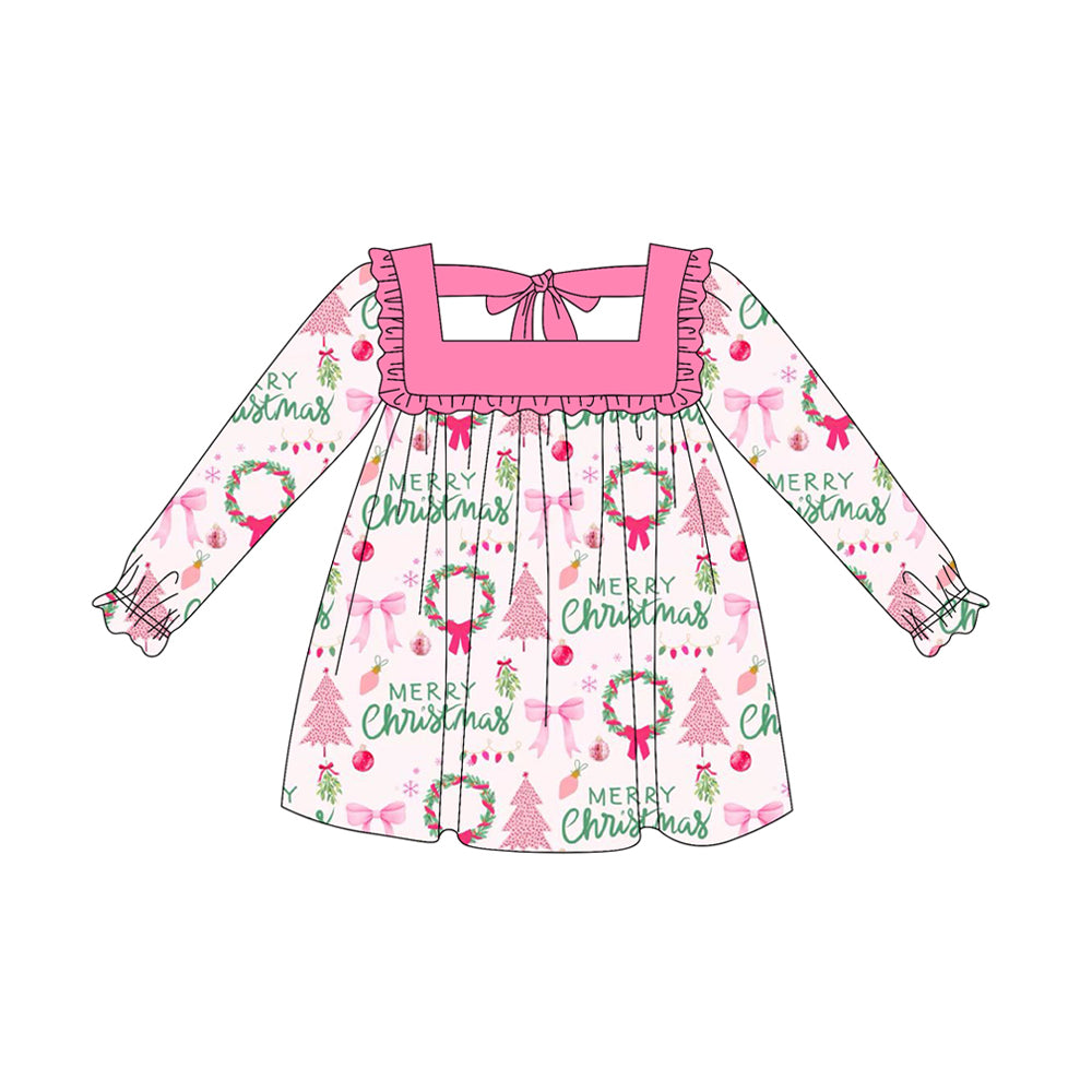 (Pre-order)GLD1119 Merry Christmas Holly Bows Print Girls Christmas Knee Length Dress