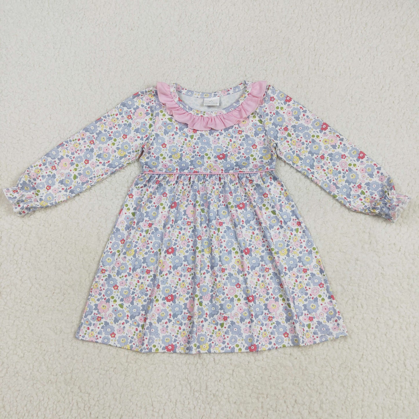 GLD1120 Colorful Small Flowers Print Girls Long Sleeve Knee Length Dress