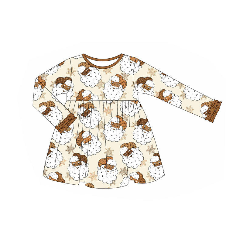 (Pre-order)GLD1122 Santa Brown Print Girls Christmas Knee Length Dress