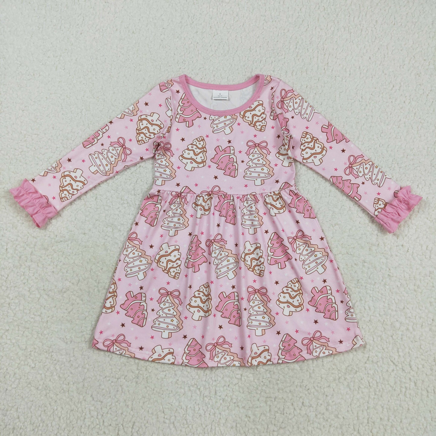 GLD1124 Debbie Cake Bows Pink Print Girls Christmas Knee Length Dress