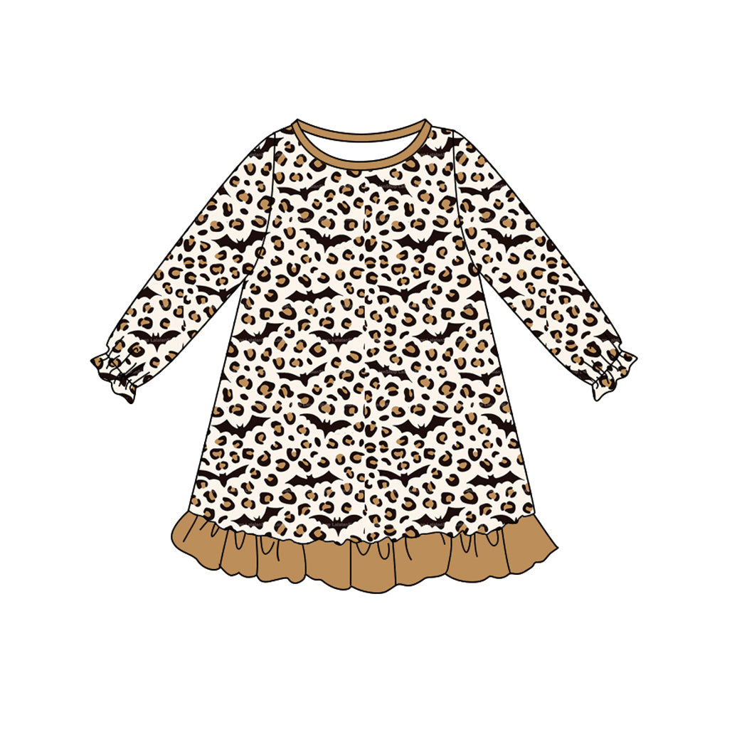 (Pre-order)GLD1125 Bat Leopard Print Girls Halloween Knee Length Dress