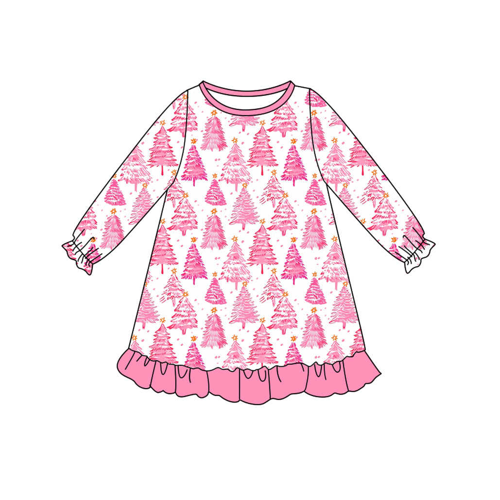 (Pre-order)GLD1126 Tree Pink Print Girls Christmas Knee Length Dress
