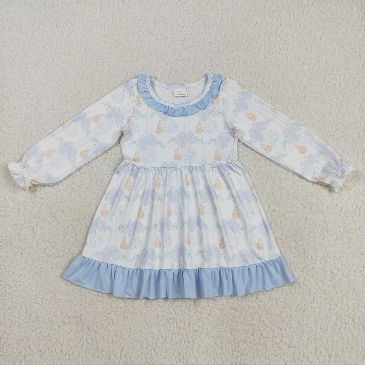 Pumpkin Blue Bows Print Girls Fall Clothes Sisters Matching Wear