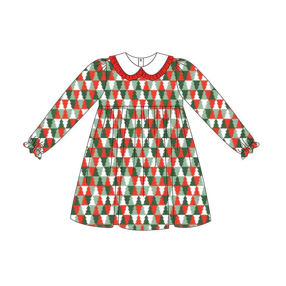 (Pre-order)GLD1132 Red Green Tree Print Girls Christmas Knee Length Dress