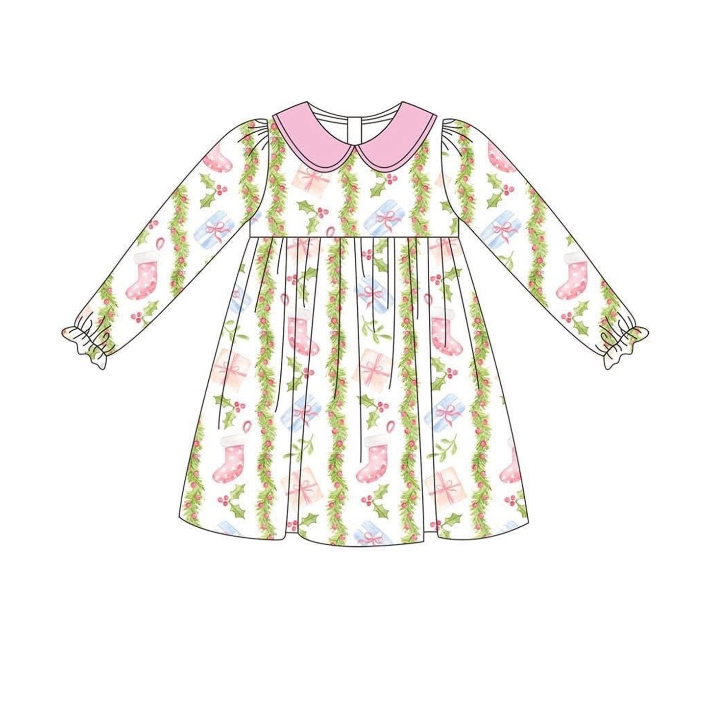 (Pre-order)GLD1133 Holly Bows Print Girls Christmas Knee Length Dress