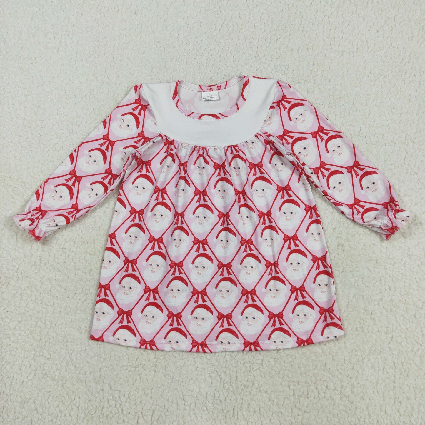GLD1136 Santa Bows Print Girls Christmas Knee Length Dress