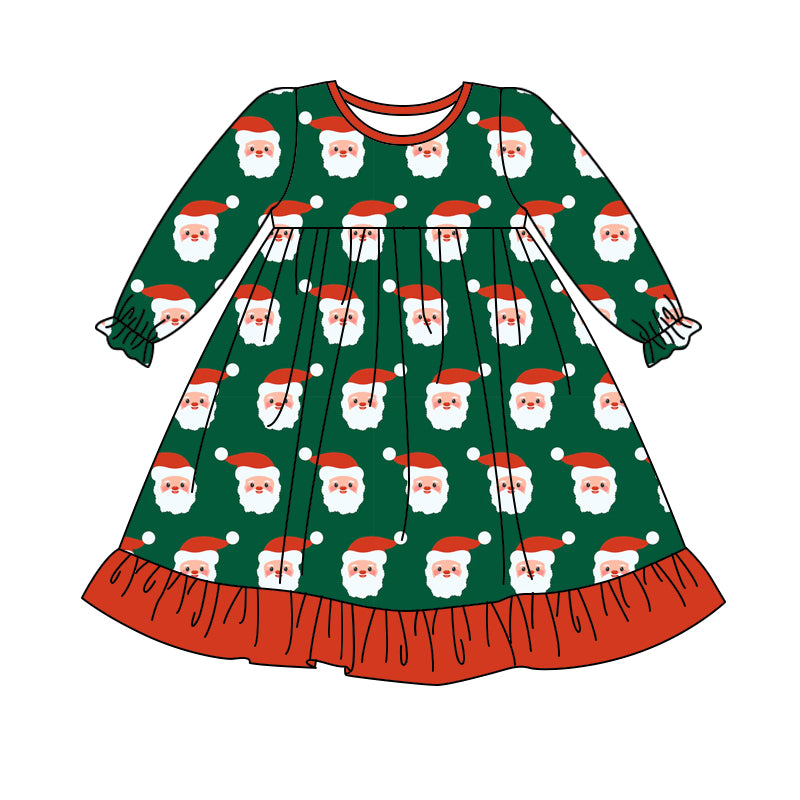 (Pre-order)GLD1140 Santa Green Print Girls Christmas Knee Length Dress