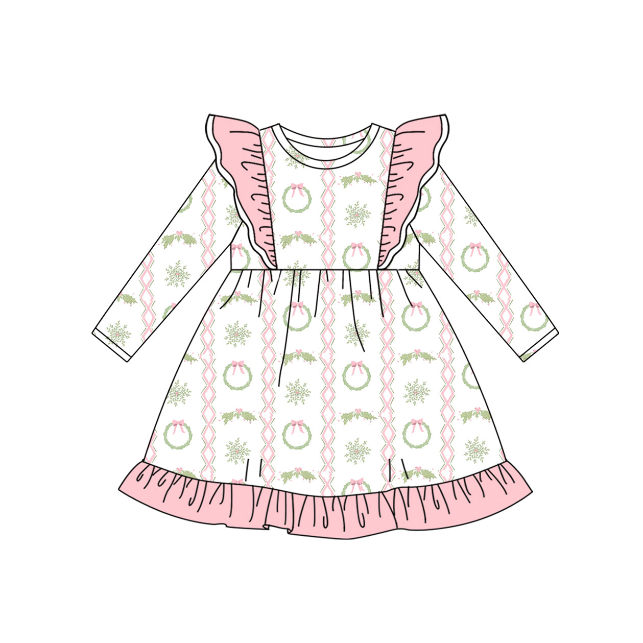 (Pre-order)GLD1141 Holly Print Girls Christmas Knee Length Dress