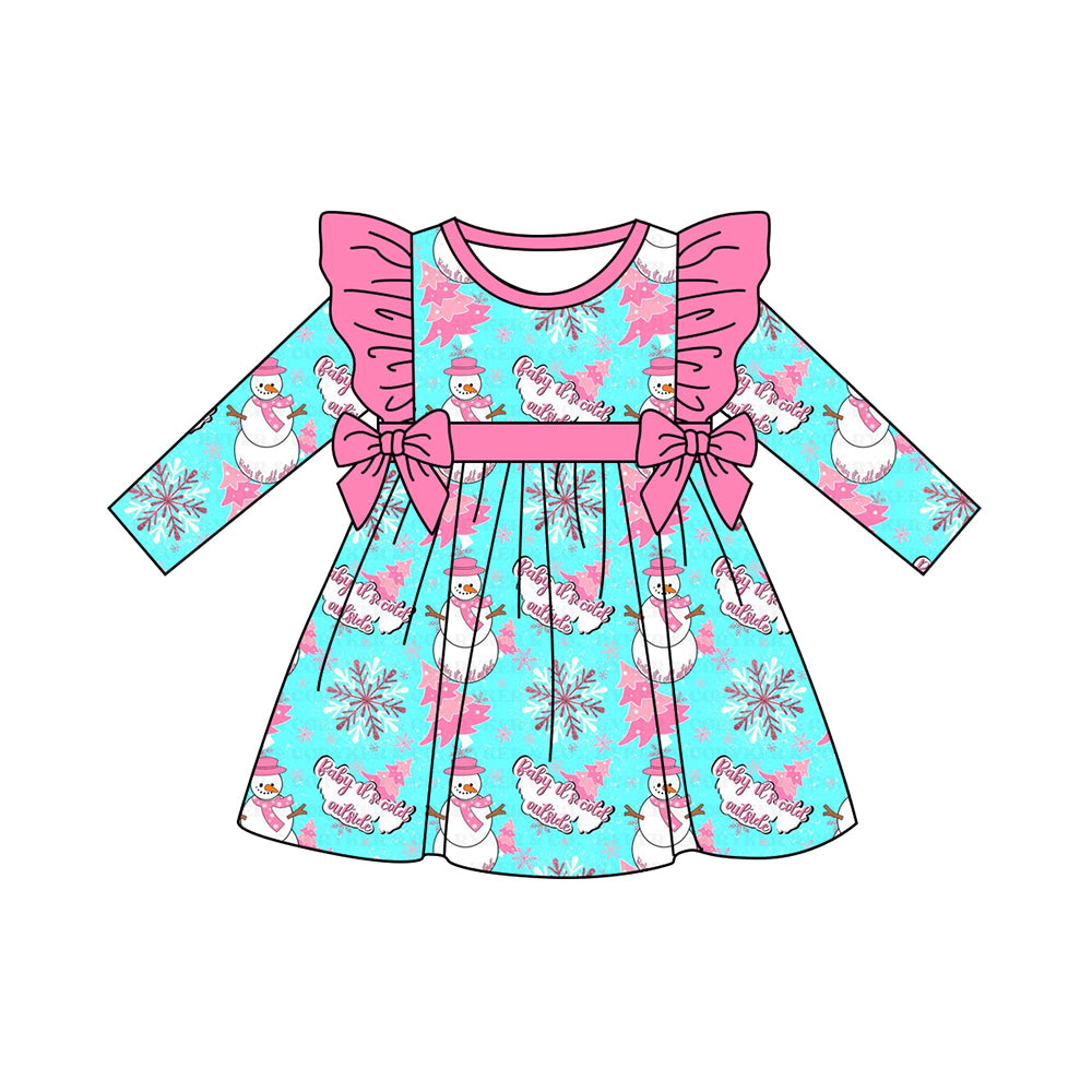 (Pre-order)GLD1142 Snowman Print Girls Winter Knee Length Dress
