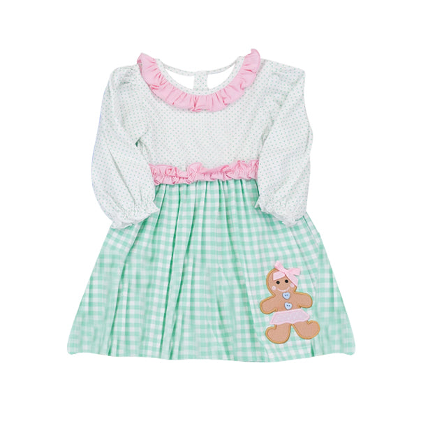 (Pre-order)GLD1143 Gingerbread Plaid Print Girls Christmas Knee Length Dress