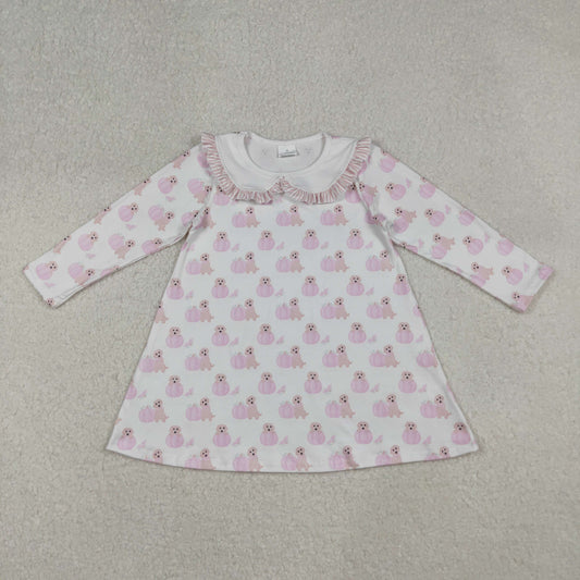 GLD1157 Pumpkin Dog Pink Print Girls Fall Knee Length Dress