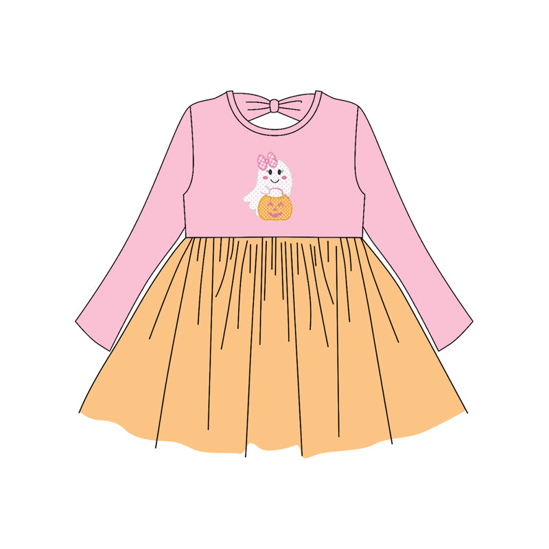 (Pre-order)GLD1163 Ghost Pumpkin Pink Print Girls Halloween Knee Length Dress